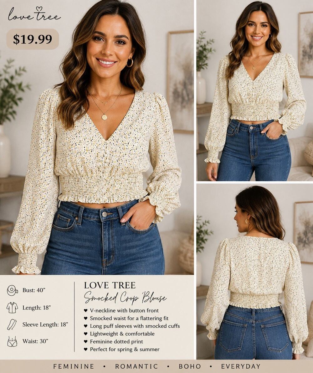 Love Tree Women’s Large Ivory Yellow Black Dot Smocked Crop Blouse Puff Sleeve